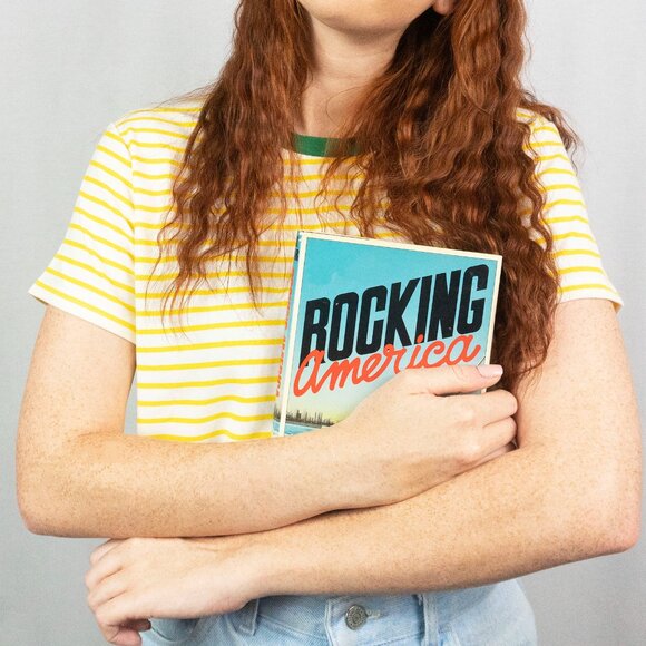 YELLOW STRIPE TEE W/ CONTRAST NECK BAND - Picture 1 of 11
